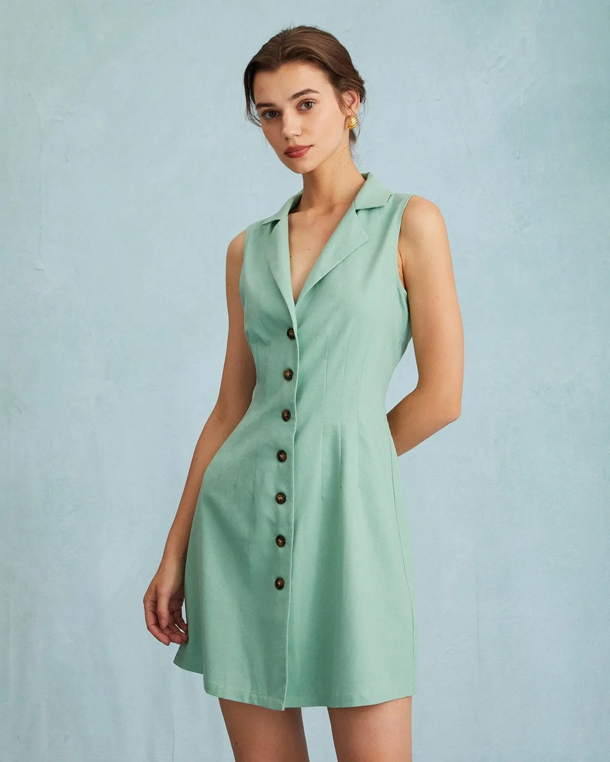 The Green Lapel Button-up Sleeveless Mini Dress sold by rihoas product image thumbnail 2