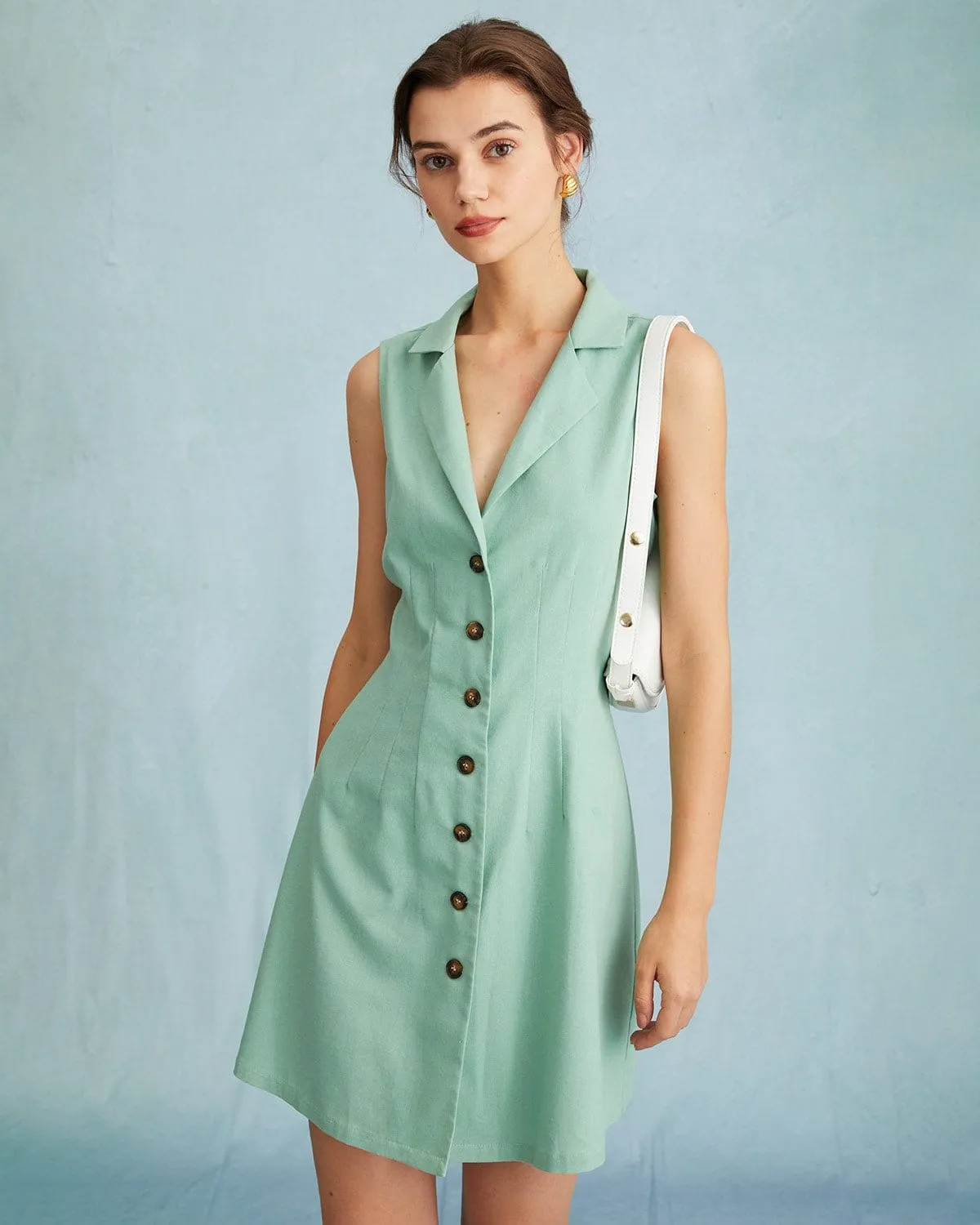 The Green Lapel Button-up Sleeveless Mini Dress sold by rihoas product image thumbnail 3