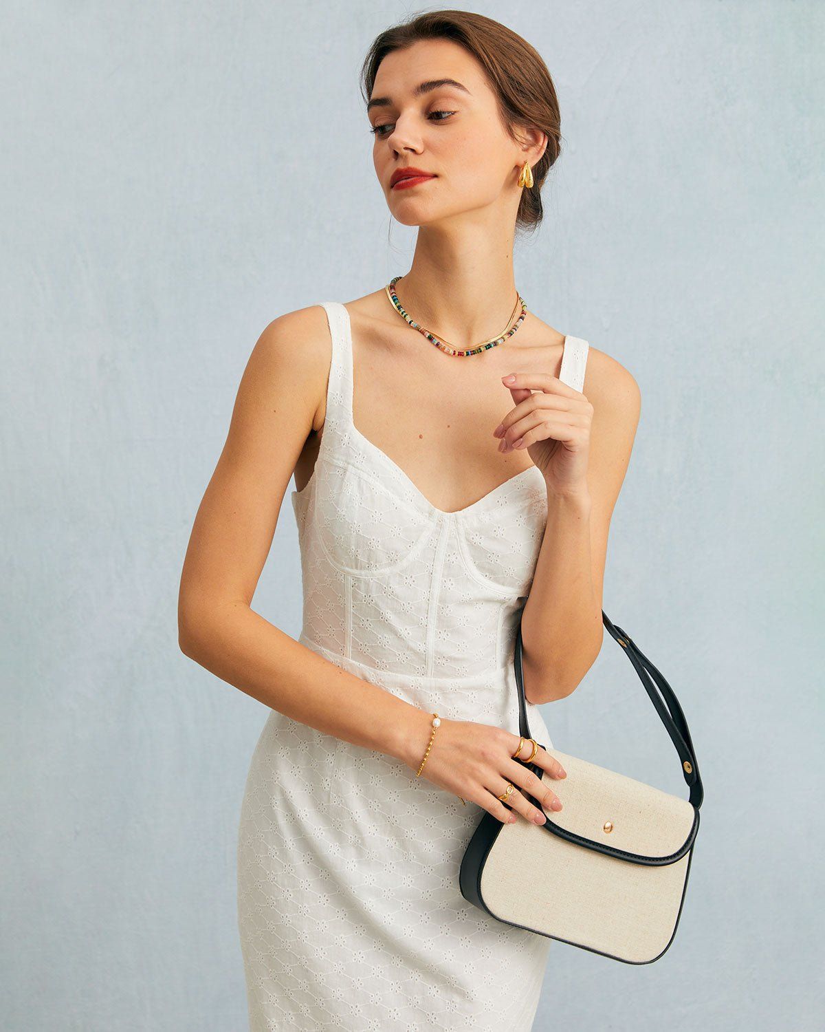 The White Sweetheart Neck Embroidery Midi Dress sold by rihoas product image thumbnail 3