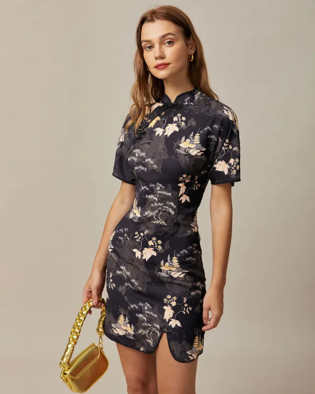 The Black Mandarin Collar Floral Cheongsam sold by rihoas