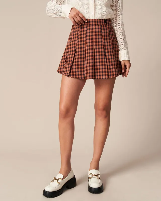 The Brown High Waist Pleated Plaid Mini Skirt sold by rihoas