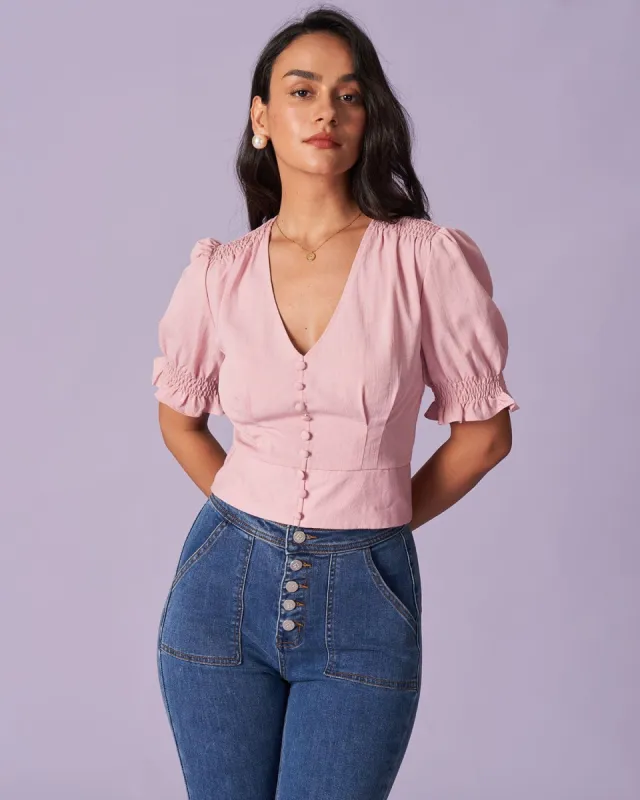 The Pink V Neck Button Puff Sleeve Blouse sold by rihoas