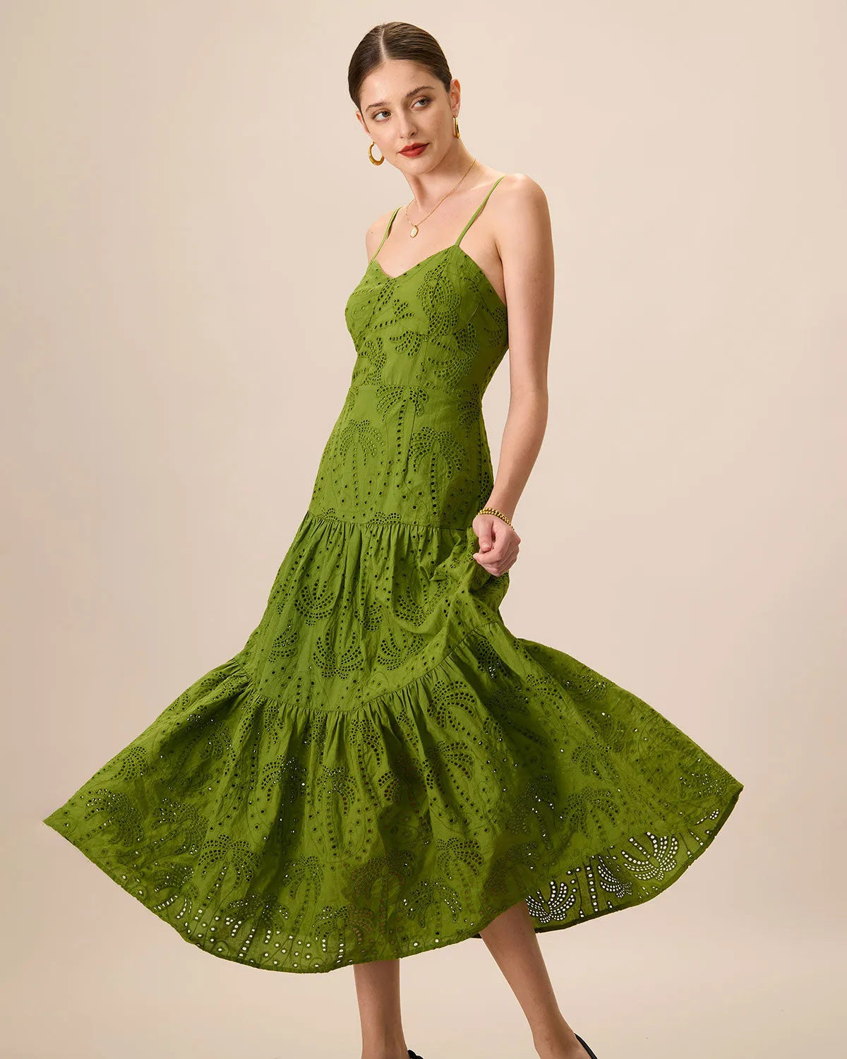 The Green Sweetheart Neck Embroidery Slip Midi Dress sold by rihoas