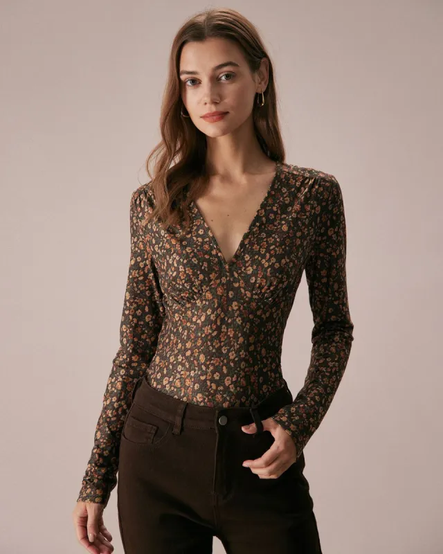 The Coffee V Neck Retro Floral Print Blouse sold by rihoas