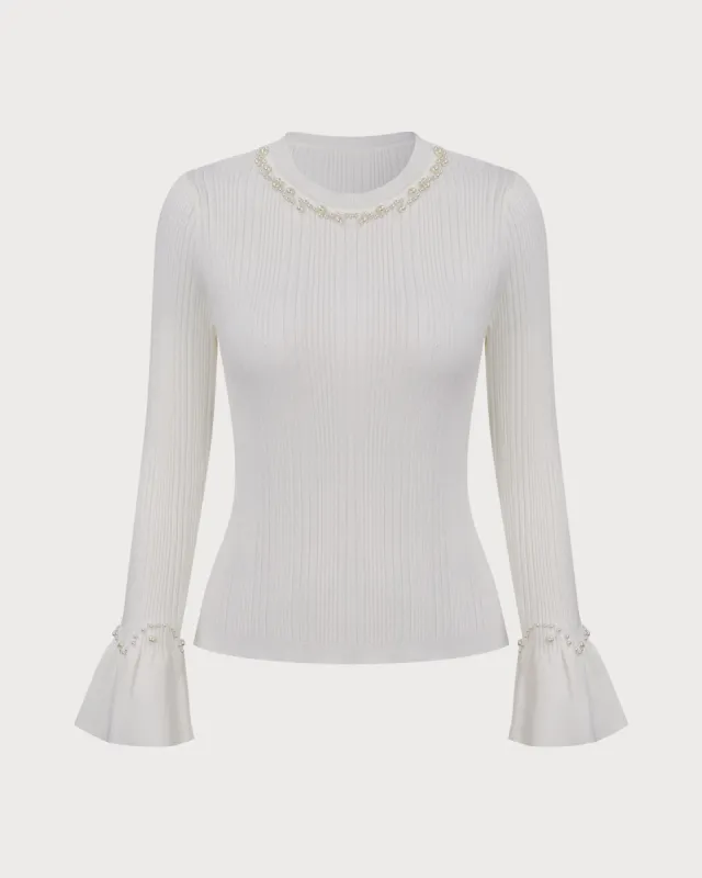 Women's White Crew Neck Slim Ribbed Sweater sold by rihoas