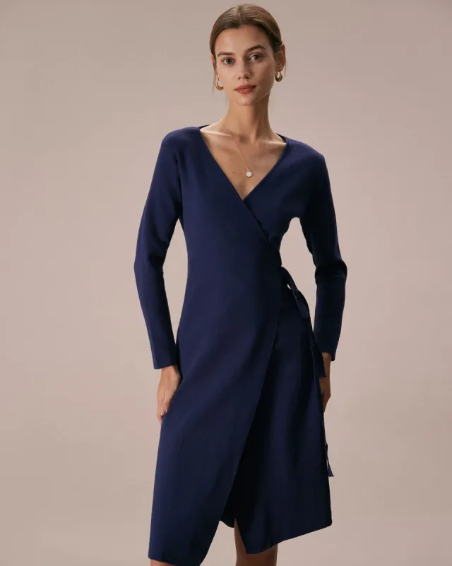 The Blue V Neck Lace Up Sweater Midi Dress sold by rihoas