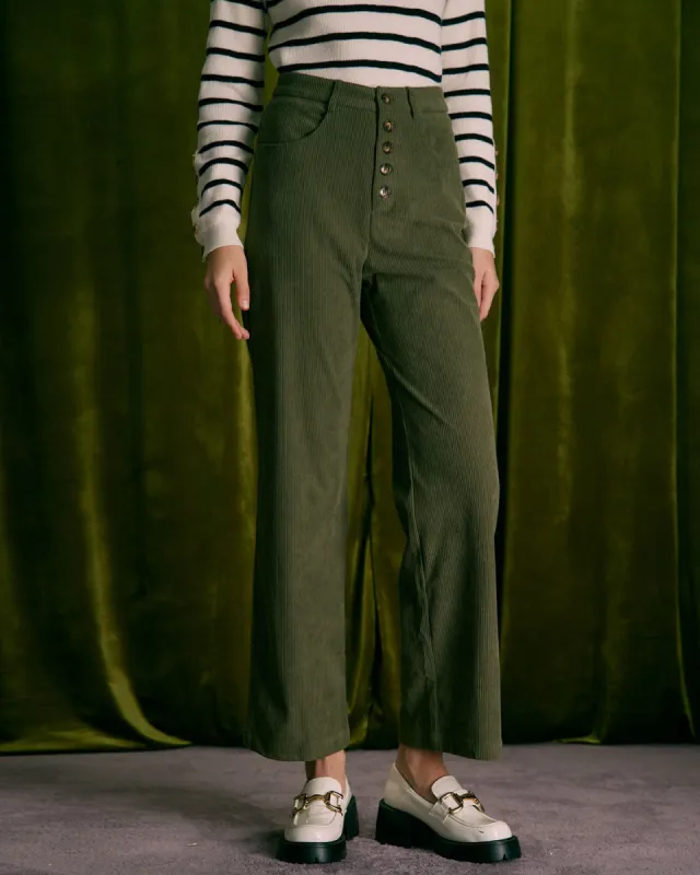 The Green Button Corduroy Wide Leg Pants sold by rihoas