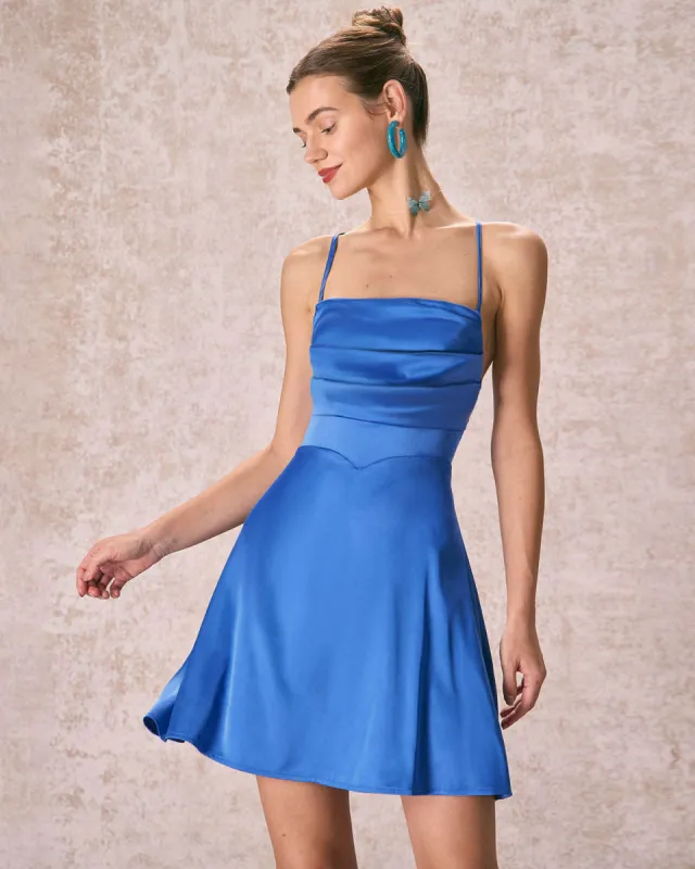The Blue Ruched Satin Slip Mini Dress sold by rihoas