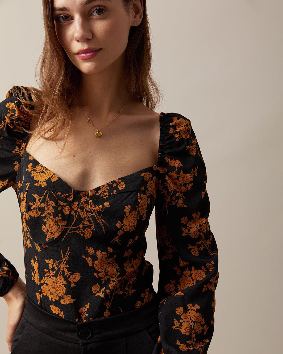 The Black Sweetheart Neck Floral Puff Sleeve Blouse sold by rihoas product image thumbnail 2
