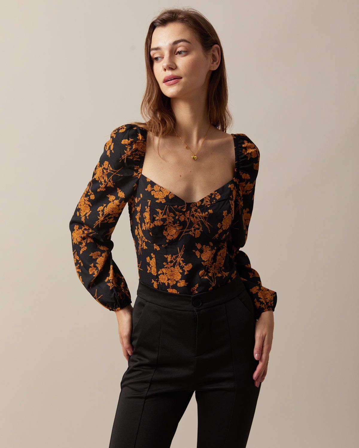 The Black Sweetheart Neck Floral Puff Sleeve Blouse sold by rihoas