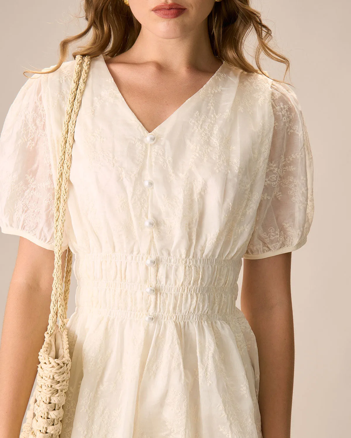 Women's Apricot V-Neck Embroidery Ruched Midi Dress sold by rihoas product image thumbnail 2