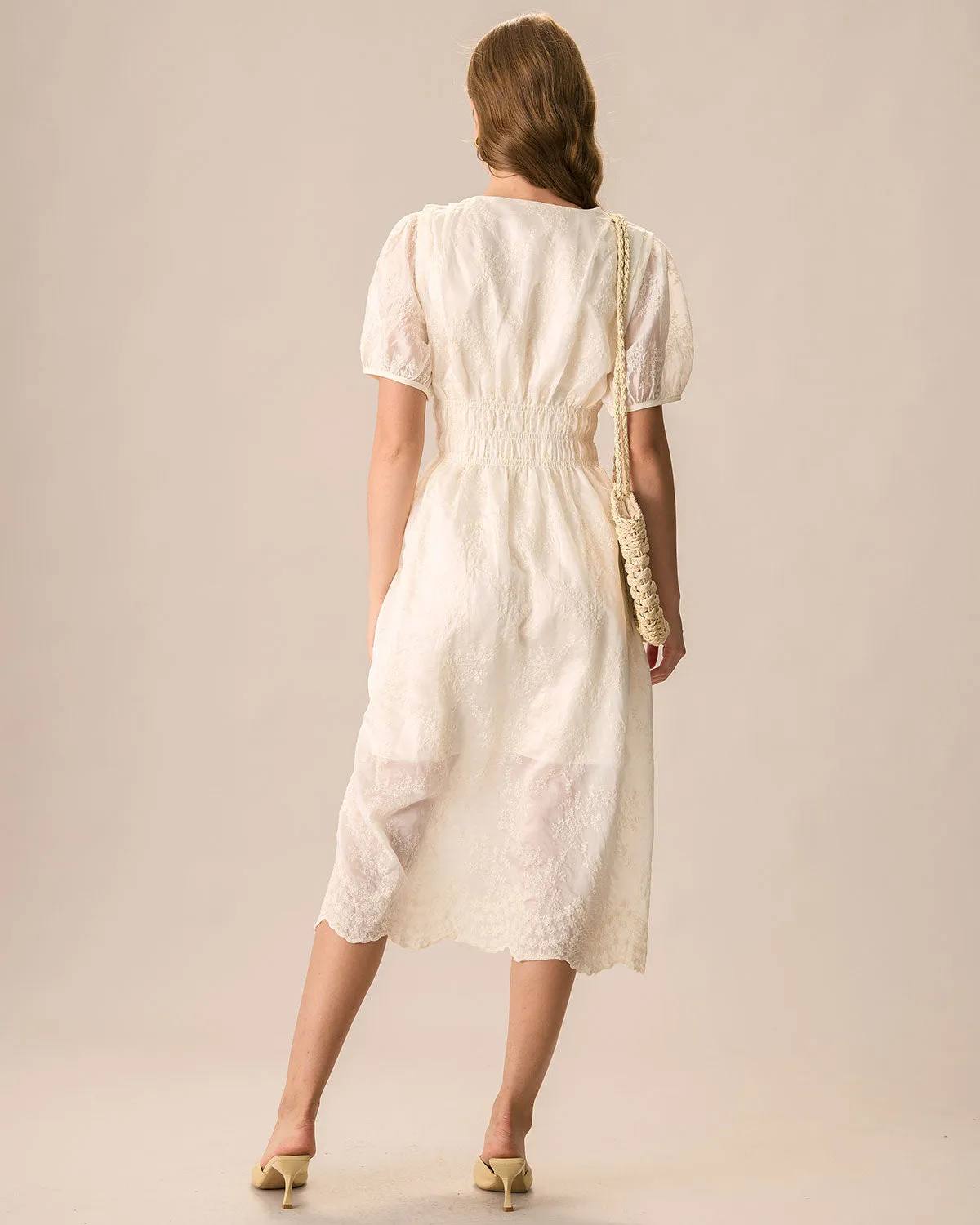 Women's Apricot V-Neck Embroidery Ruched Midi Dress sold by rihoas product image thumbnail 4