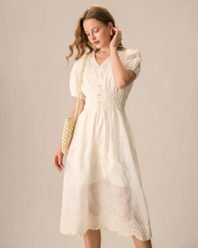 Women's Apricot V-Neck Embroidery Ruched Midi Dress sold by rihoas