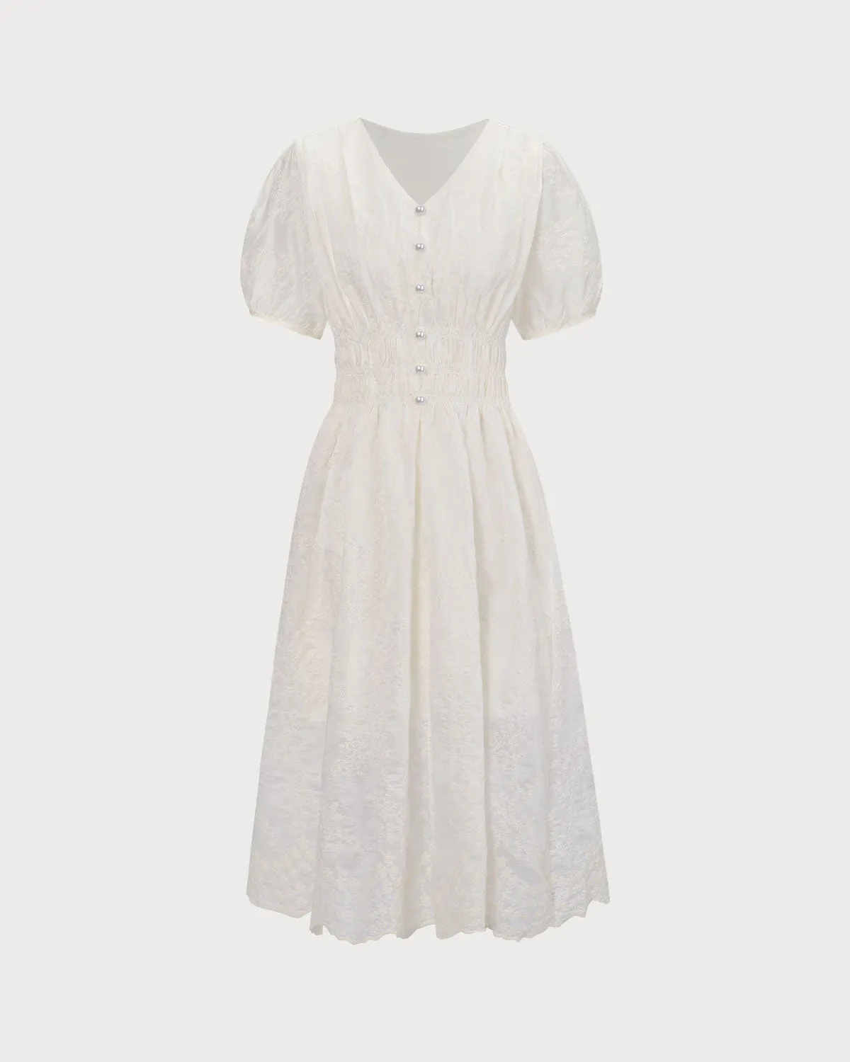 Women's Apricot V-Neck Embroidery Ruched Midi Dress sold by rihoas product image thumbnail 5