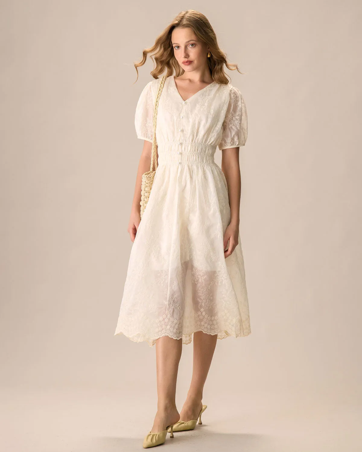 Women's Apricot V-Neck Embroidery Ruched Midi Dress sold by rihoas product image thumbnail 3