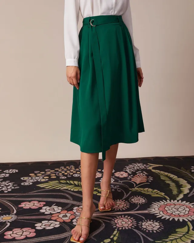 The Green High Waisted Sash Pleated Midi Skirt sold by rihoas