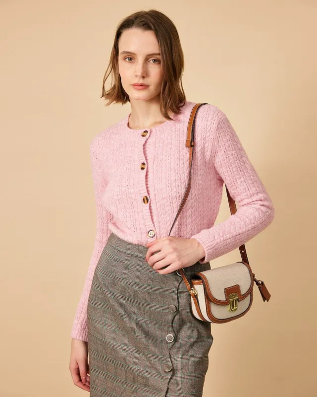 The Pink Round Neck Cable Knit Cardigan sold by rihoas