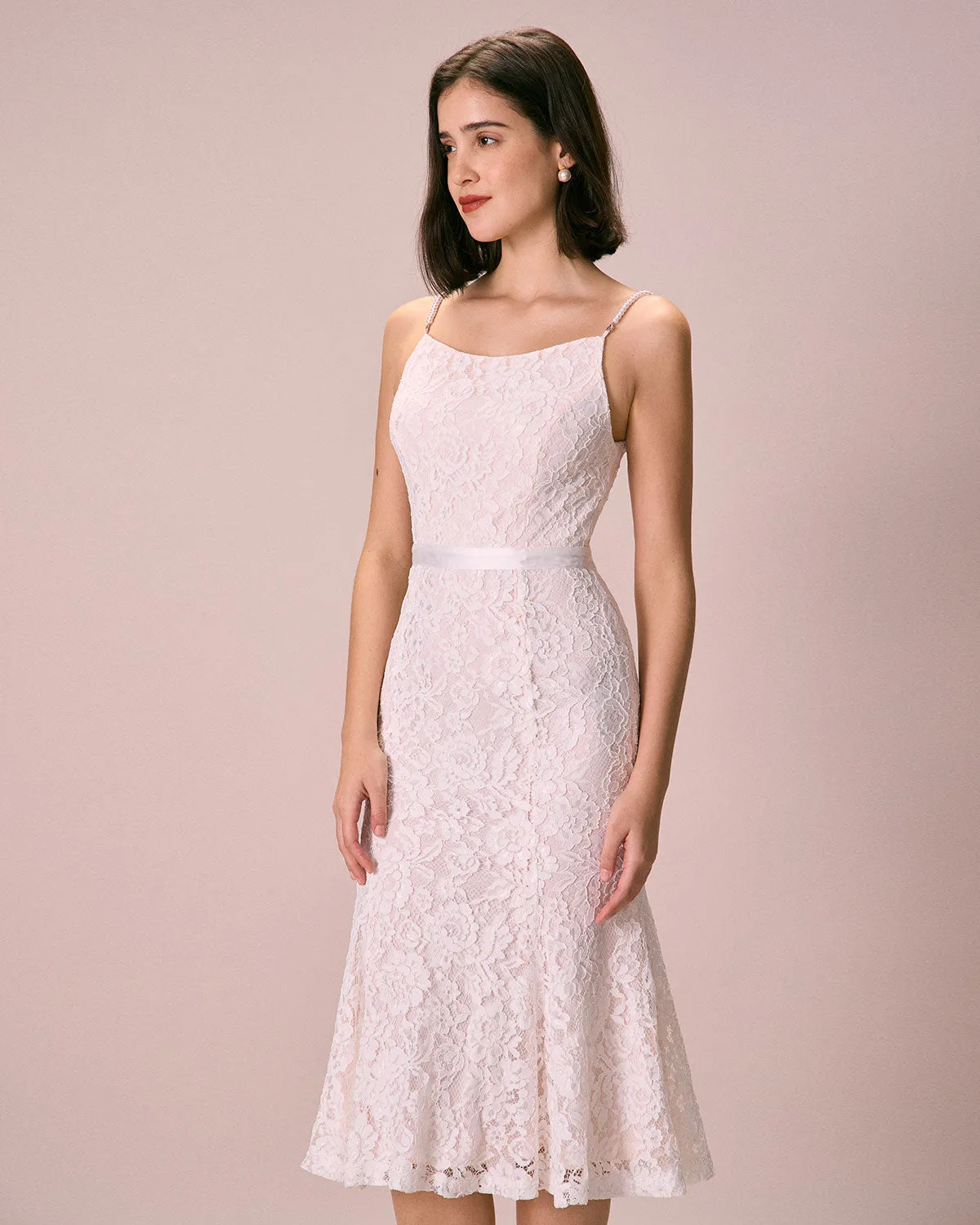 The White Floral Lace Mermaid Midi Dress sold by rihoas product image thumbnail 4