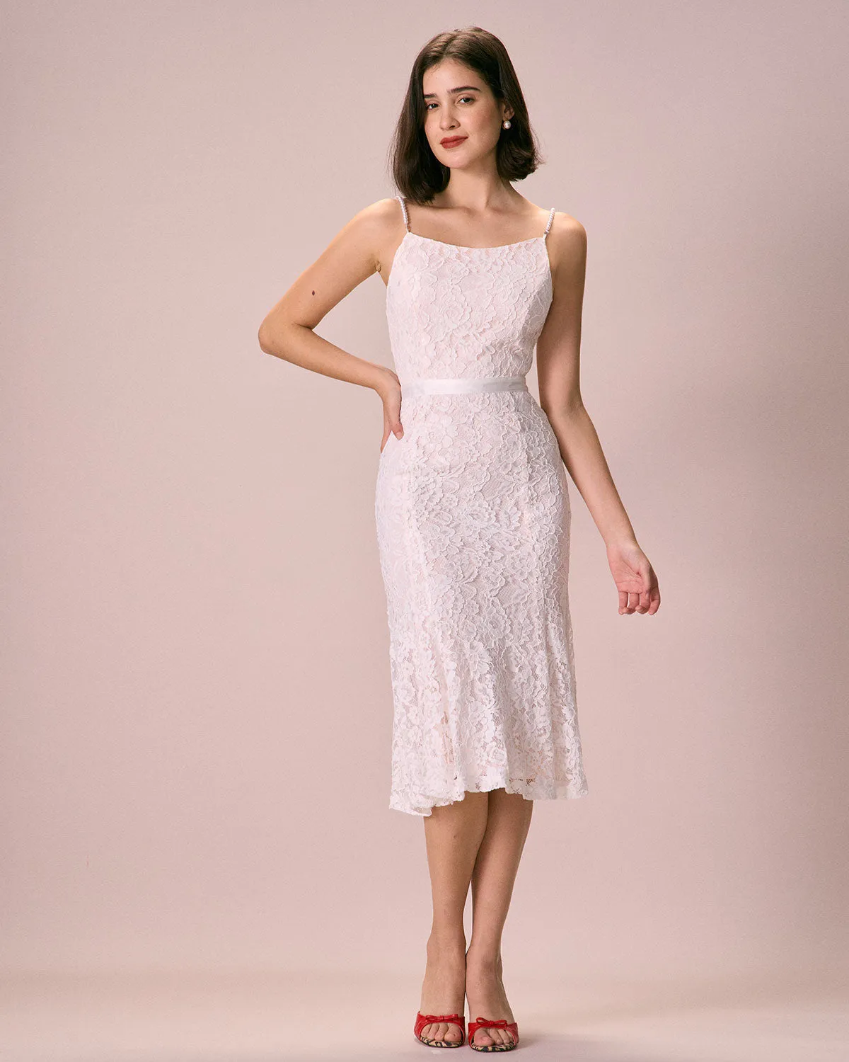 The White Floral Lace Mermaid Midi Dress sold by rihoas product image thumbnail 5