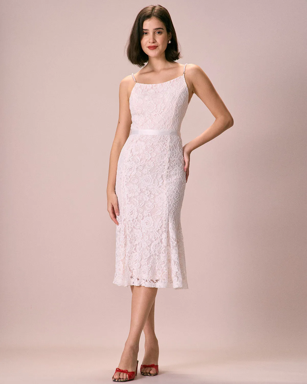 The White Floral Lace Mermaid Midi Dress sold by rihoas
