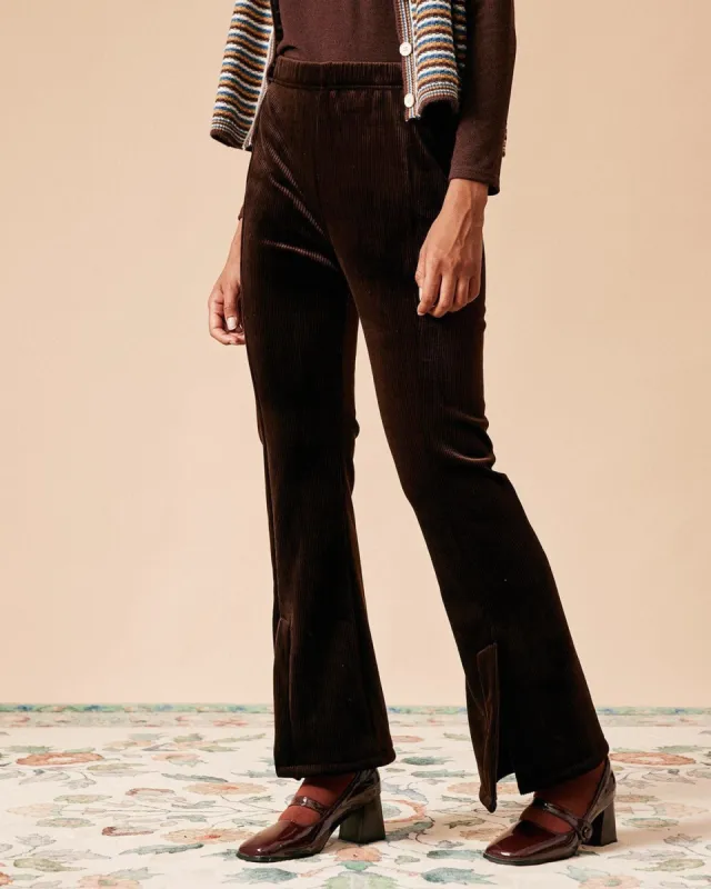 The Brown Slit Corduroy Flare Pants sold by rihoas