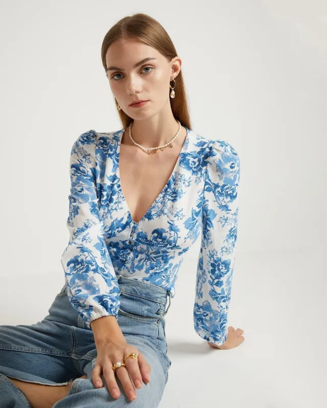 The Blue V Neck Floral Lantern Sleeve Blouse sold by rihoas
