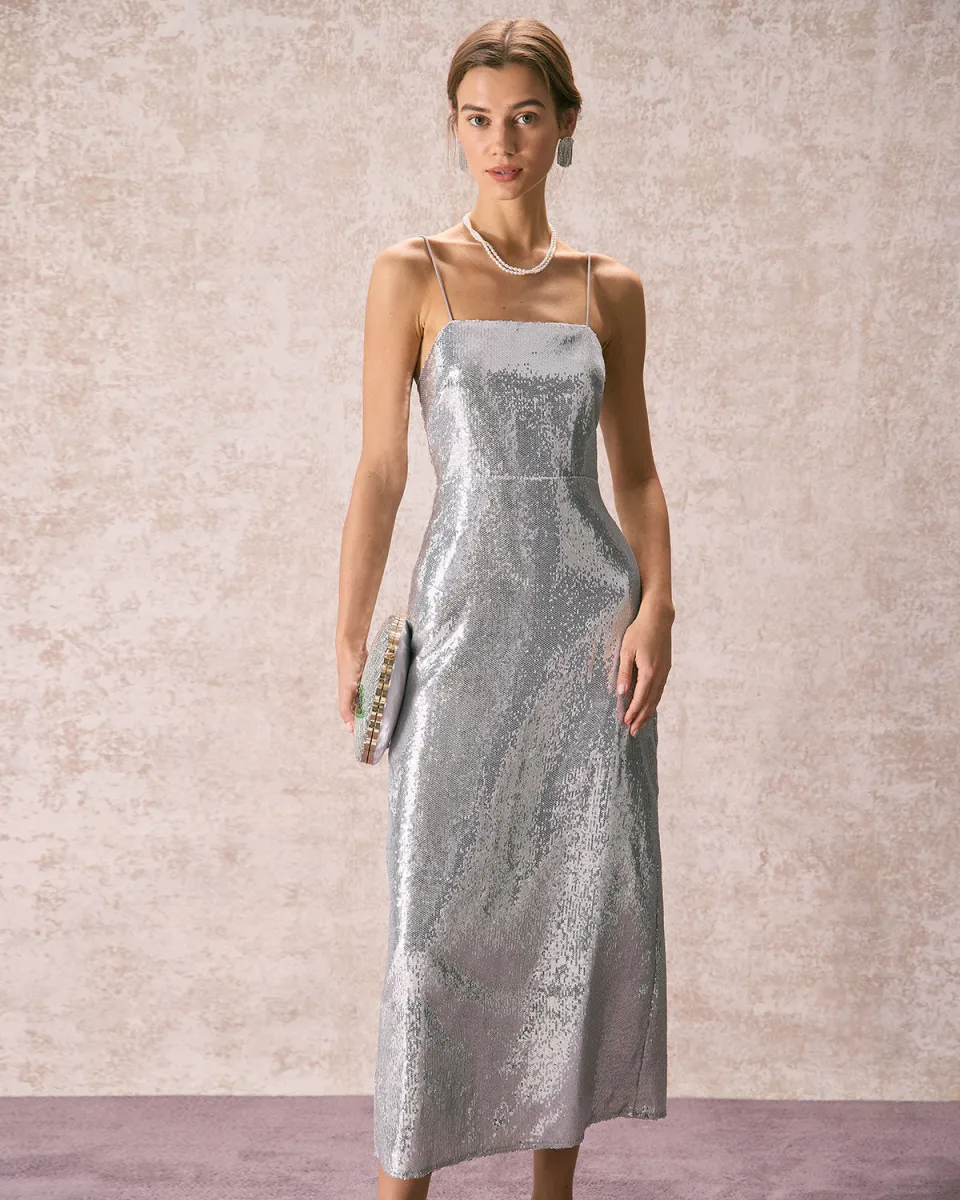 The Silver Sequin Sleeveless Strap Maxi Dress sold by rihoas