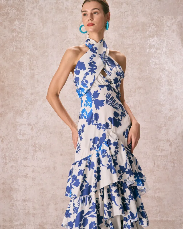 The Blue Halter Cut Out Ruffle Maxi Dress sold by rihoas
