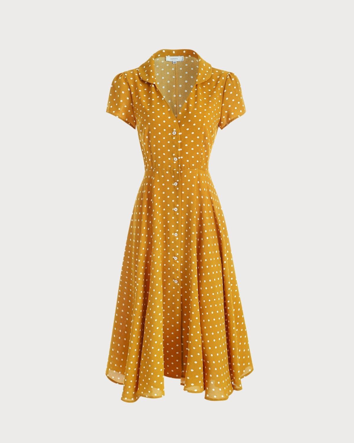 The Yellow V Neck Polka Dot Short Sleeve Midi Dress sold by rihoas product image thumbnail 6