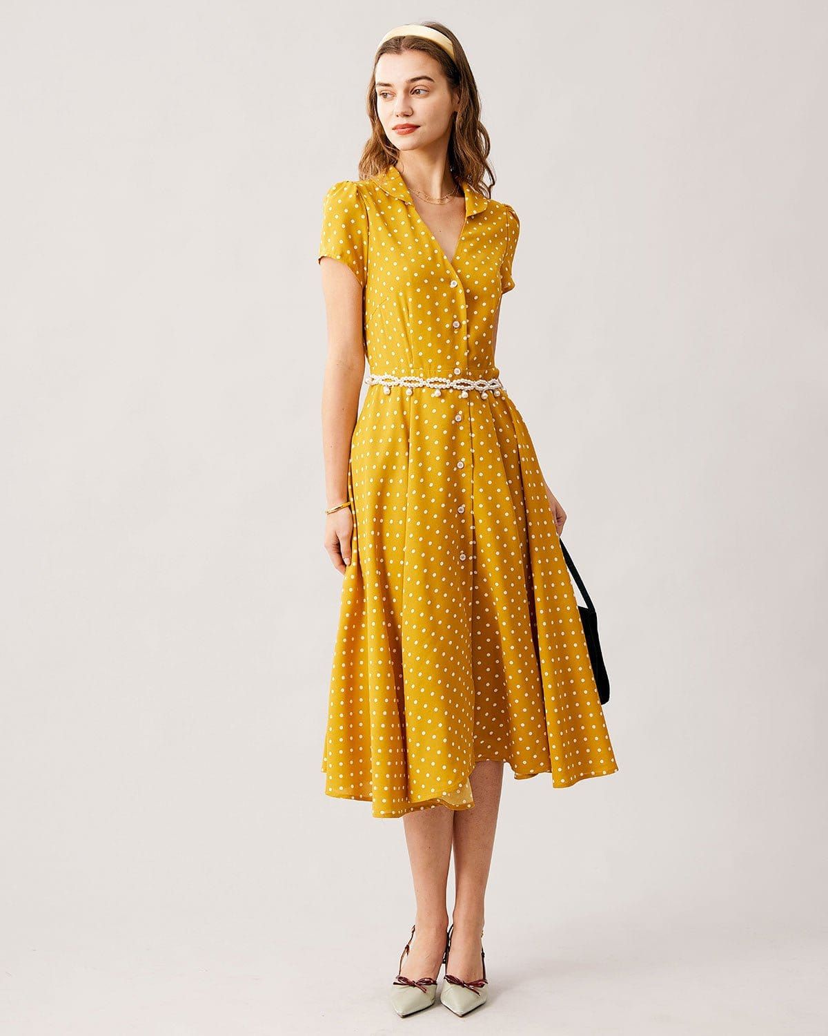 The Yellow V Neck Polka Dot Short Sleeve Midi Dress sold by rihoas product image thumbnail 4