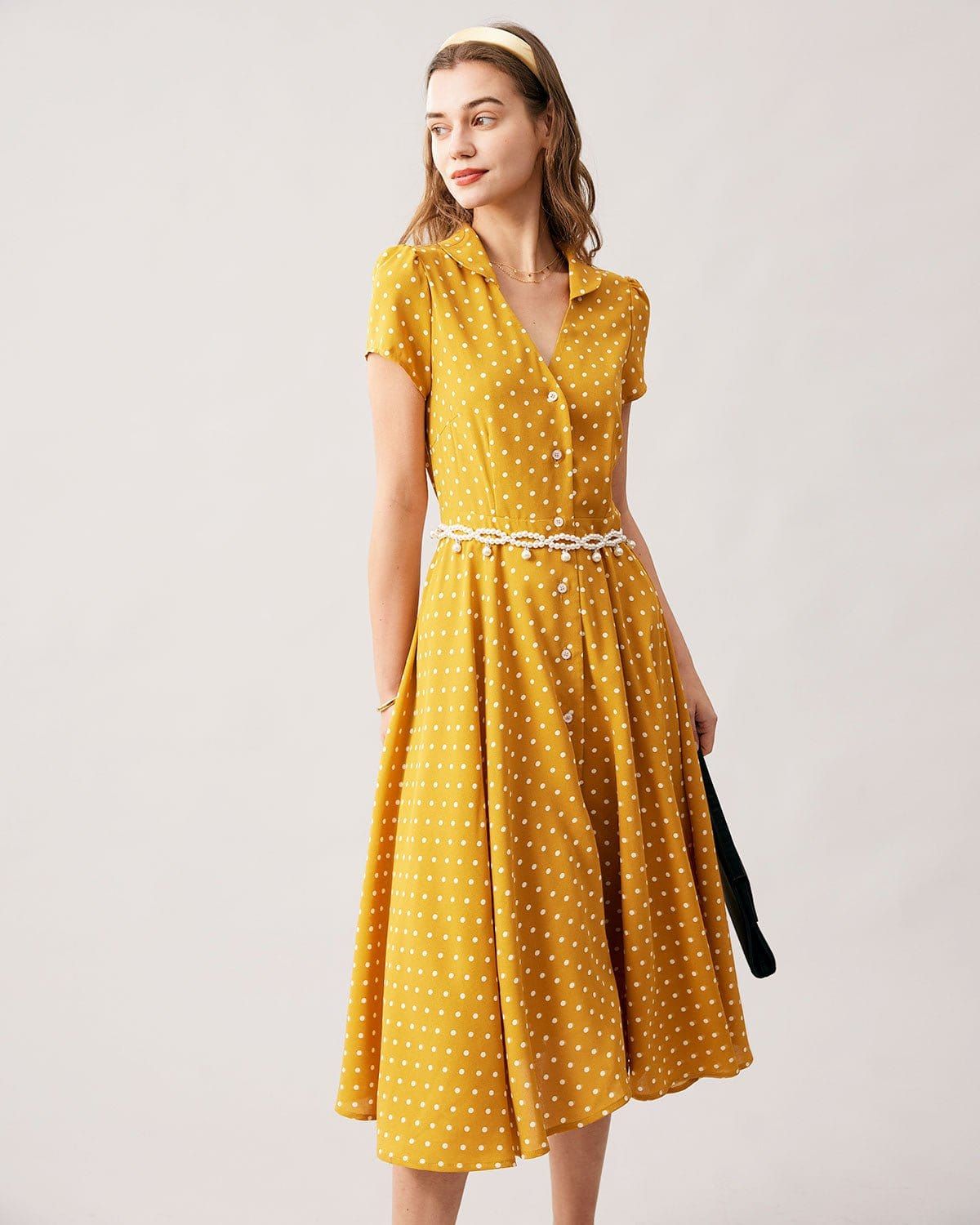 The Yellow V Neck Polka Dot Short Sleeve Midi Dress sold by rihoas product image thumbnail 3