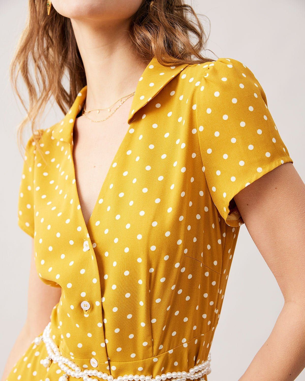 The Yellow V Neck Polka Dot Short Sleeve Midi Dress sold by rihoas product image thumbnail 2