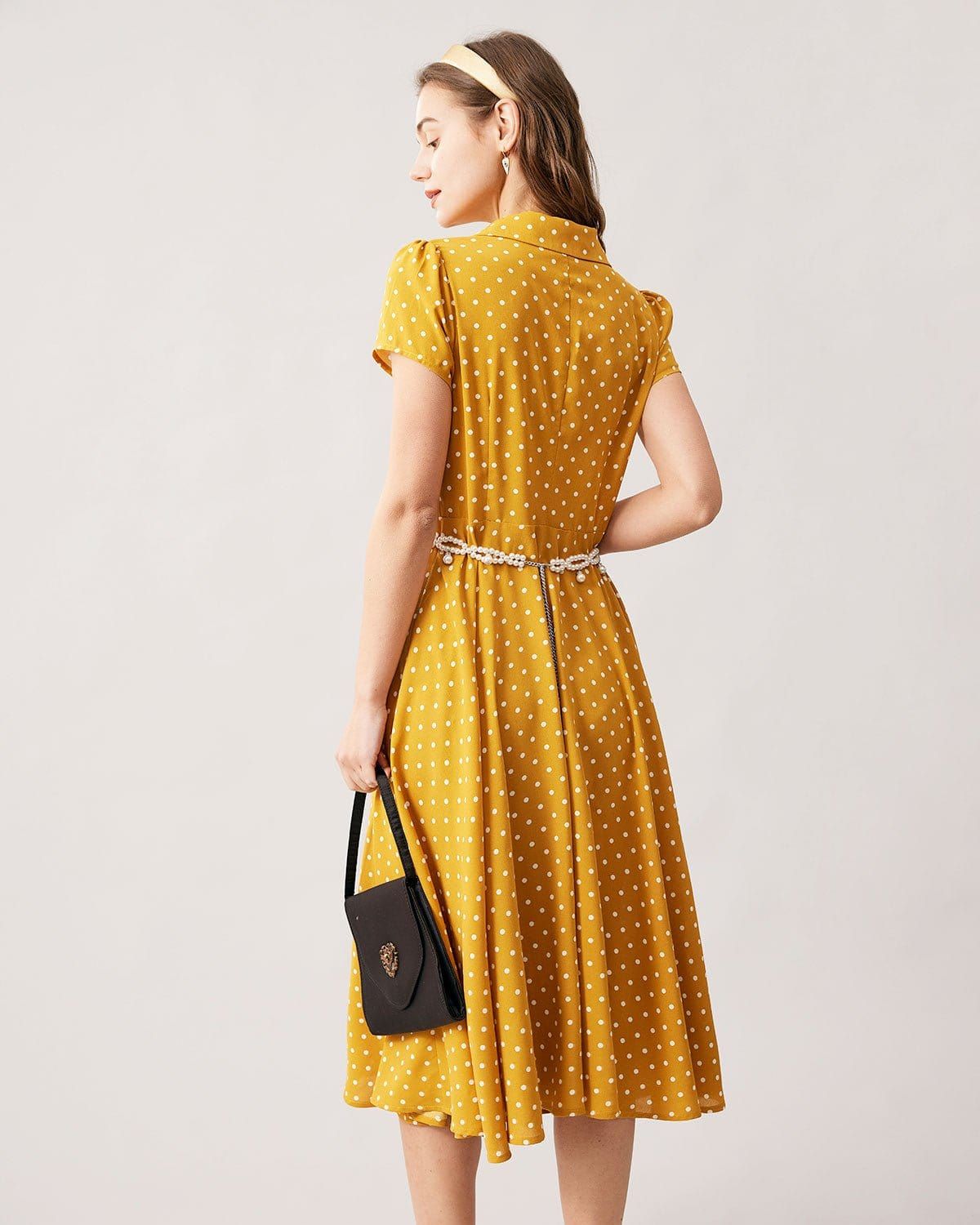 The Yellow V Neck Polka Dot Short Sleeve Midi Dress sold by rihoas product image thumbnail 5