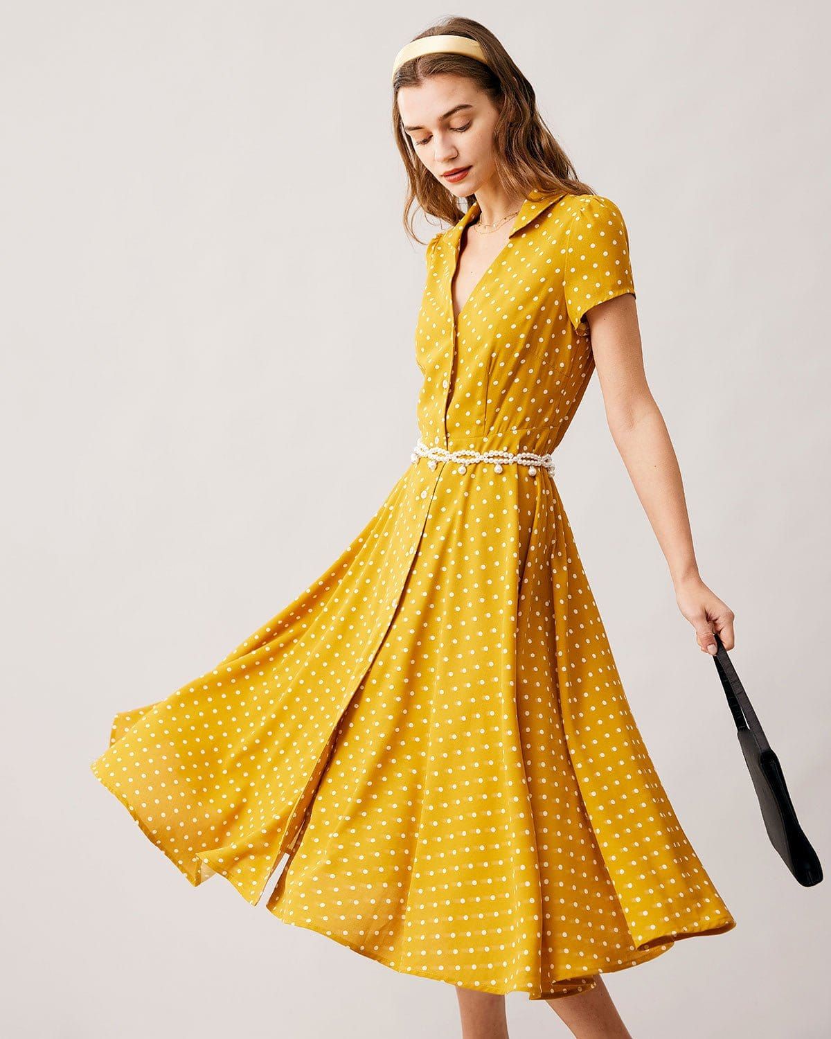The Yellow V Neck Polka Dot Short Sleeve Midi Dress sold by rihoas