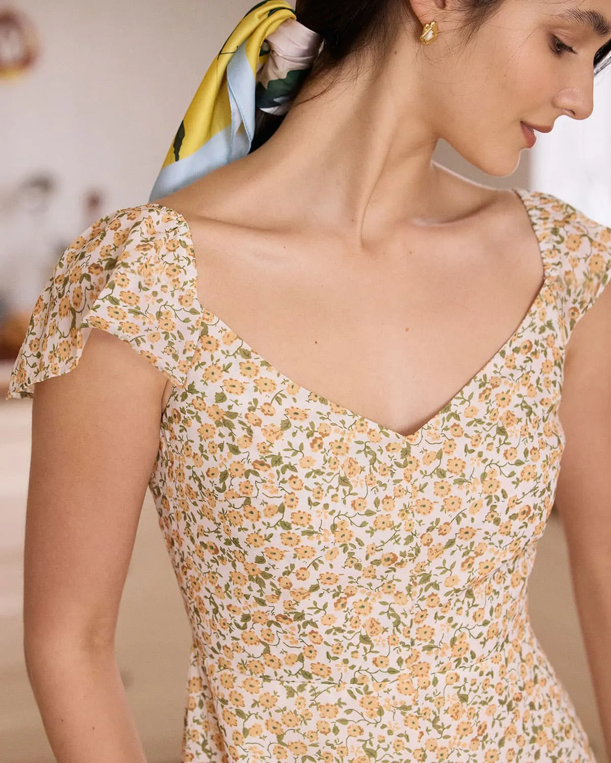 The Yellow V Neck Floral Slit Midi Dress sold by rihoas product image thumbnail 2