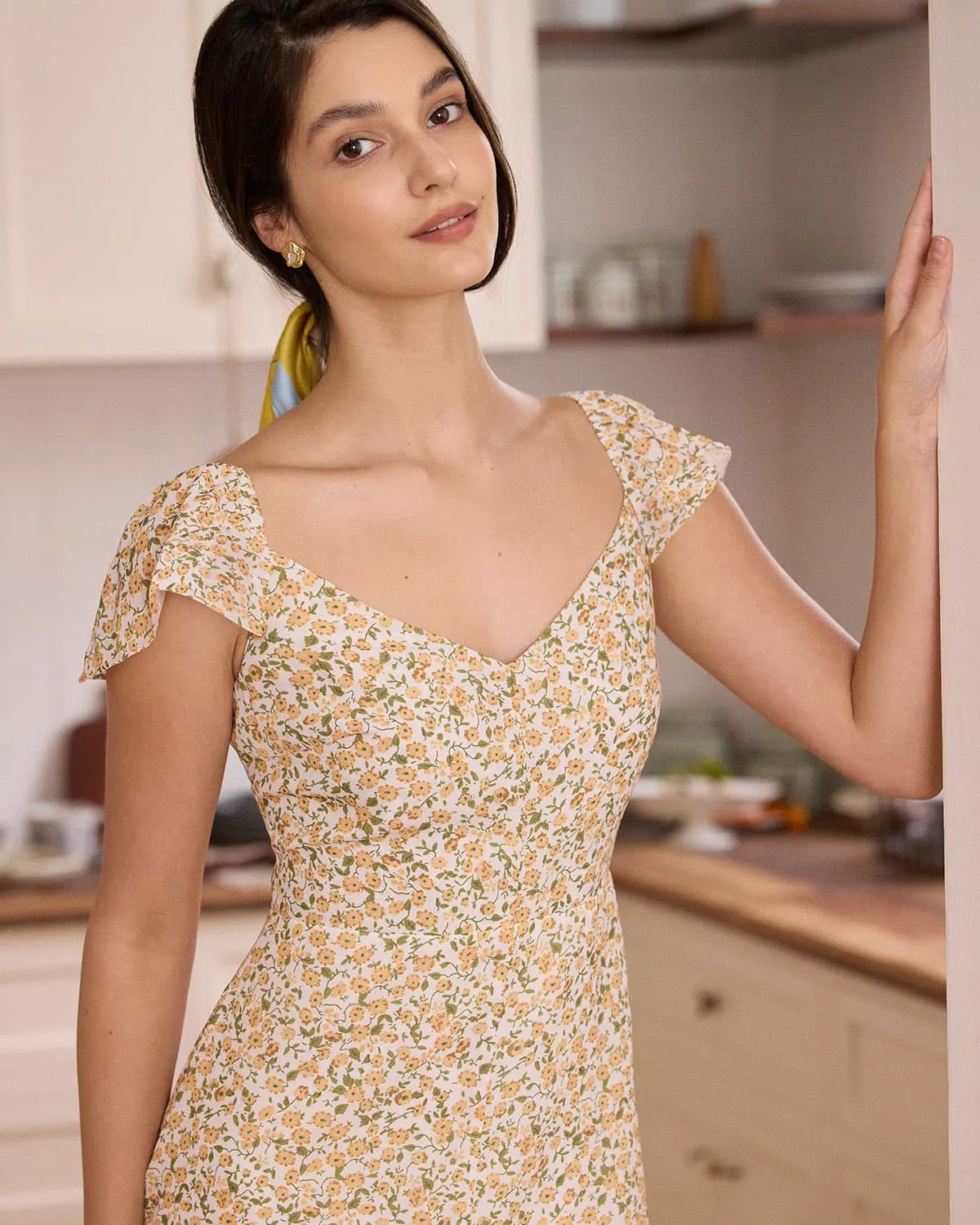 The Yellow V Neck Floral Slit Midi Dress sold by rihoas product image thumbnail 4