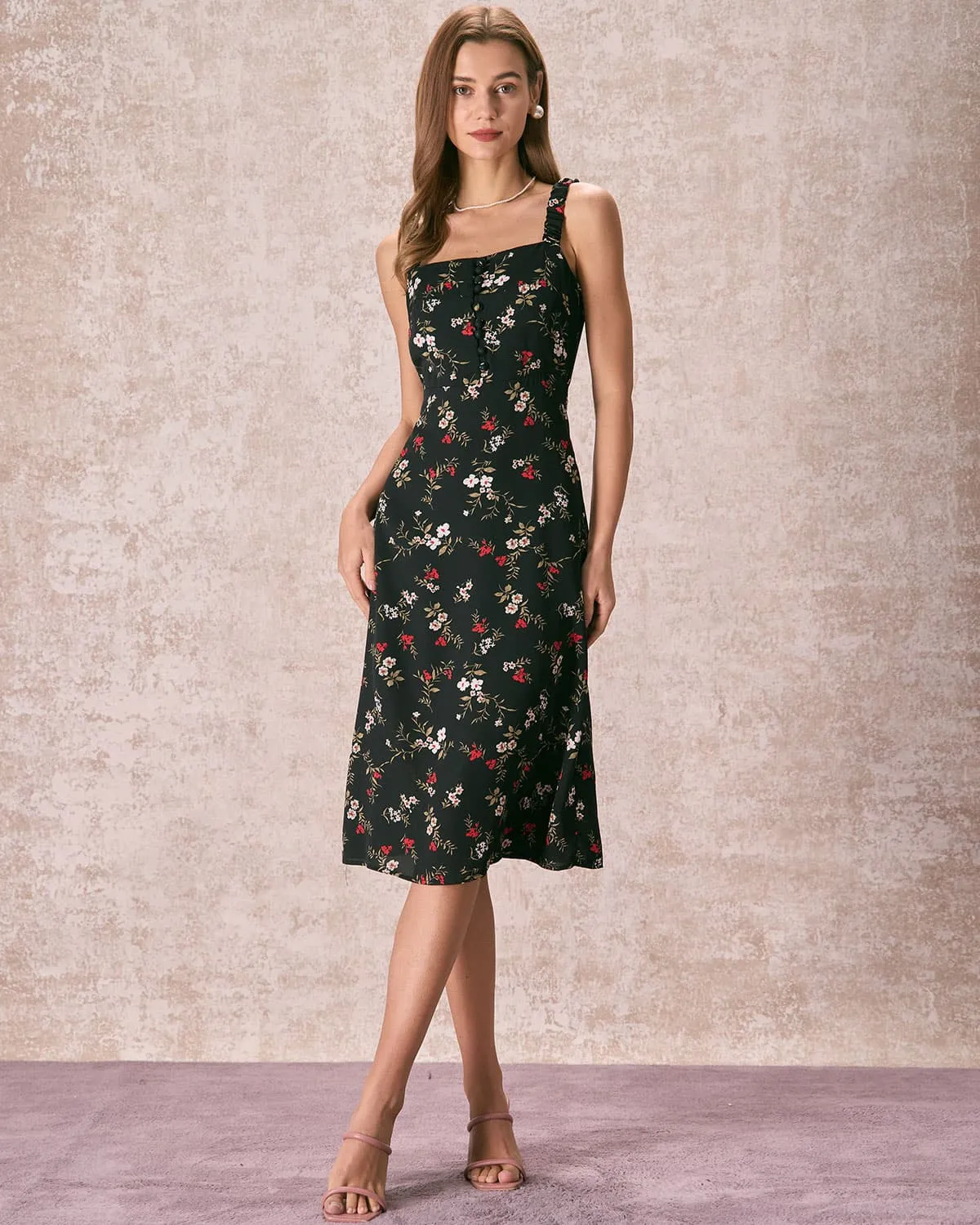 The Black Elasticized Straps Floral Midi Dress sold by rihoas product image thumbnail 4