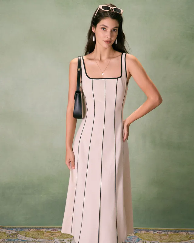 The Khaki Square Neck Contrast Midi Dress sold by rihoas