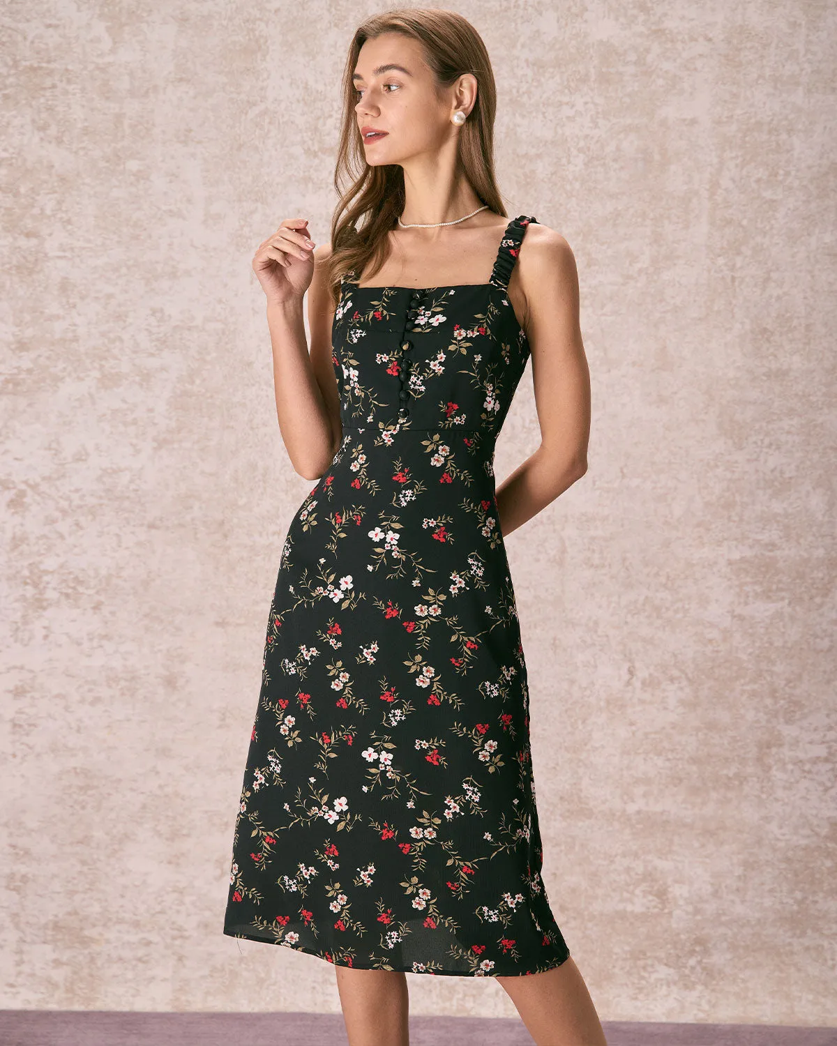 The Black Elasticized Straps Floral Midi Dress sold by rihoas product image thumbnail 5