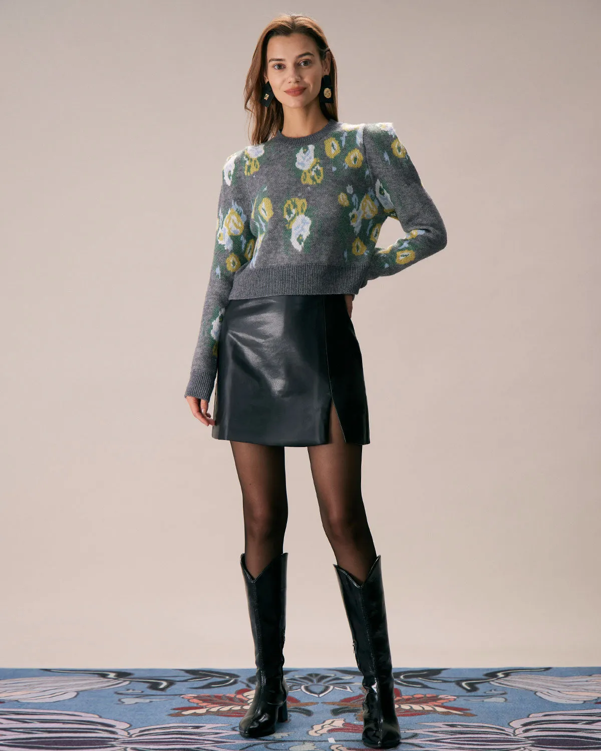 The Grey Crew Neck Floral Printed Knit Top sold by rihoas product image thumbnail 2