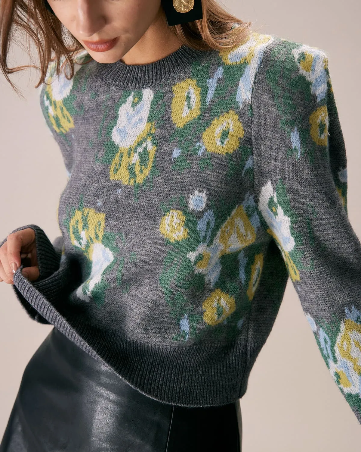 The Grey Crew Neck Floral Printed Knit Top sold by rihoas product image thumbnail 5