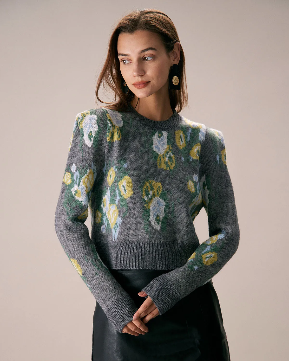 The Grey Crew Neck Floral Printed Knit Top sold by rihoas