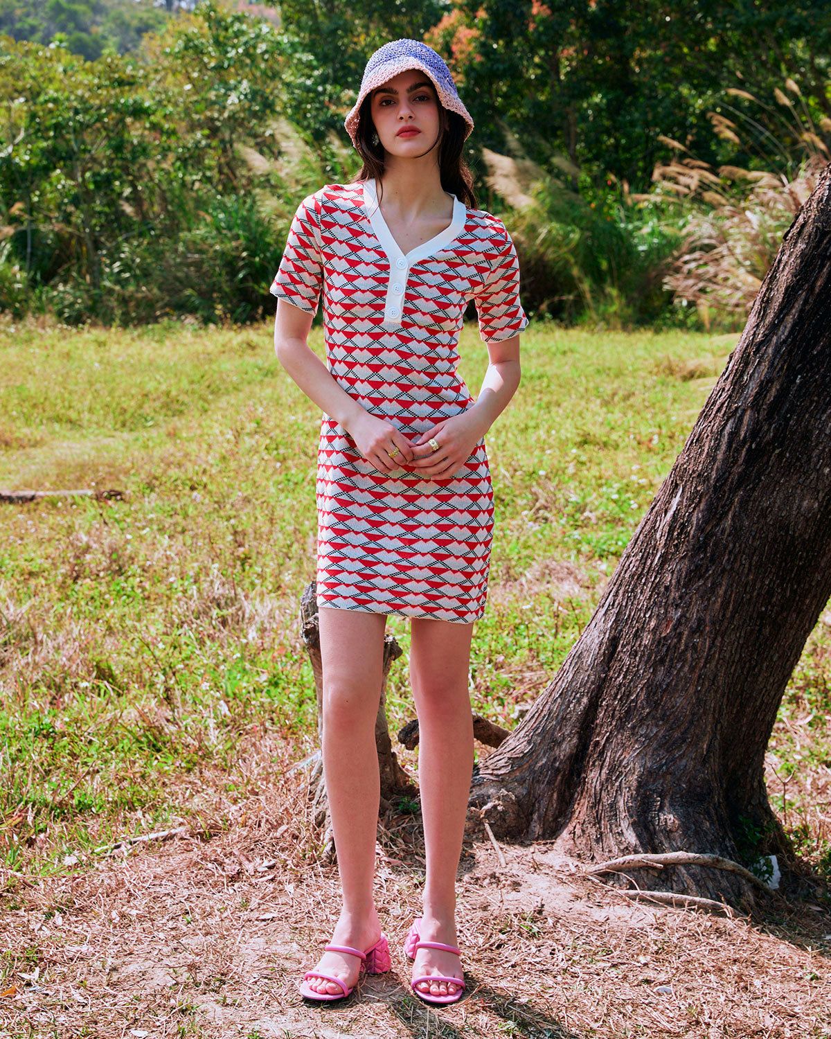 The Red V Neck Colorblock Knit Mini Dress sold by rihoas product image thumbnail 5