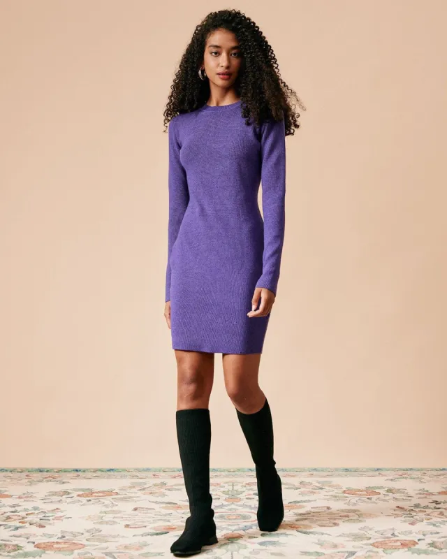 The Purple Round Neck Long Sleeve Sweater Dress sold by rihoas