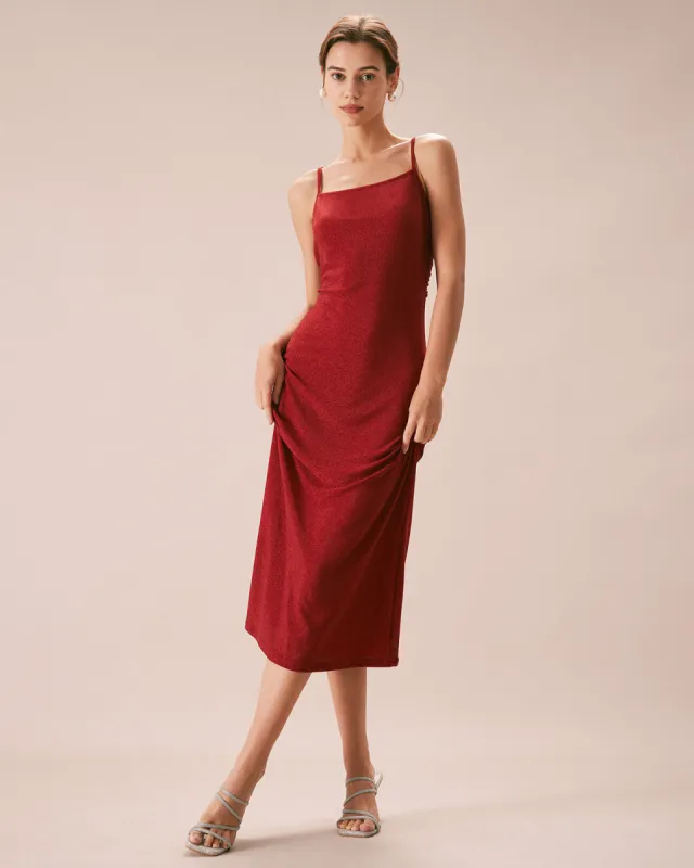 The Red Lurex Twist Back Slip Maxi Dress sold by rihoas
