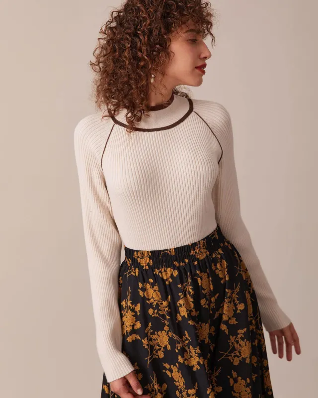 The Khaki Mock Neck Contrast Trim Knit Top sold by rihoas
