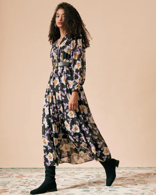 The V Neck Ruffle Floral Long Sleeve Maxi Dress sold by rihoas