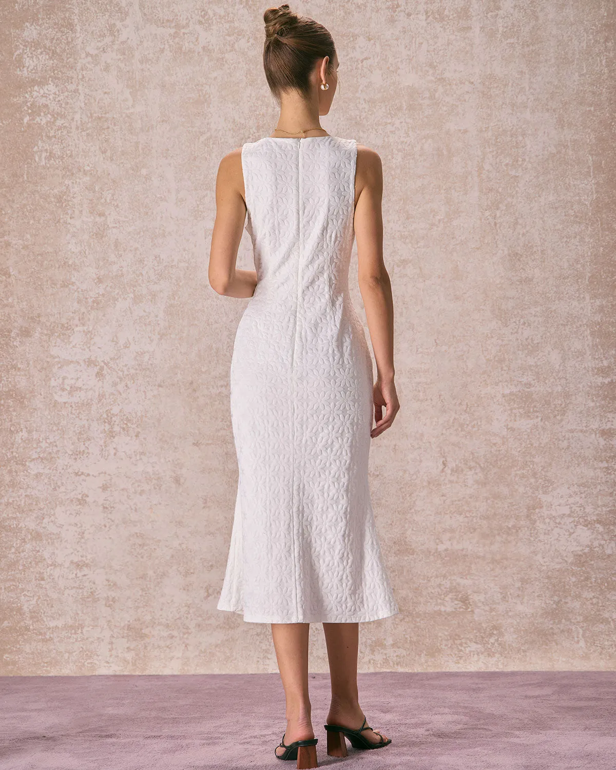 The White Round Neck Floral Jacquard Sleeveless Midi Dress sold by rihoas product image thumbnail 5