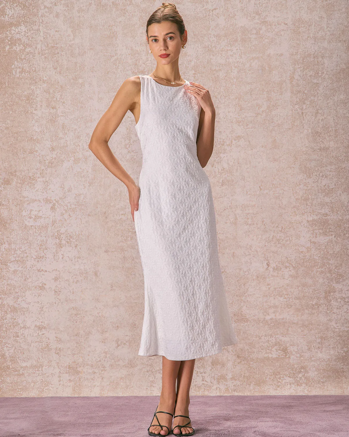 The White Round Neck Floral Jacquard Sleeveless Midi Dress sold by rihoas product image thumbnail 3