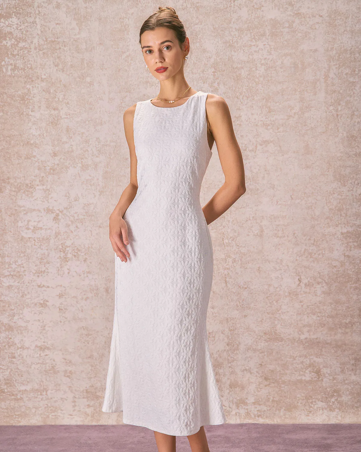 The White Round Neck Floral Jacquard Sleeveless Midi Dress sold by rihoas product image thumbnail 4